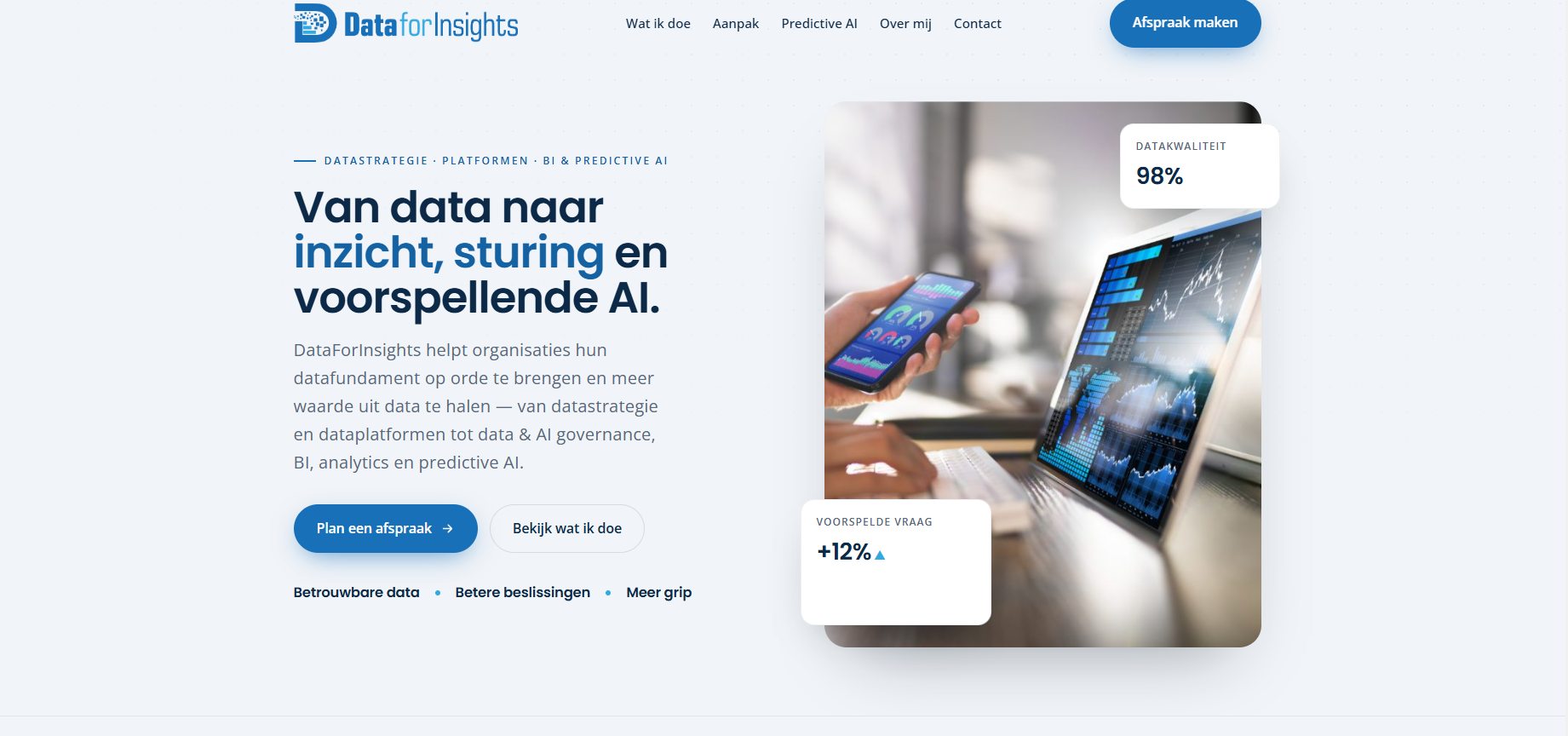 Homepage van de website van Data for Insights