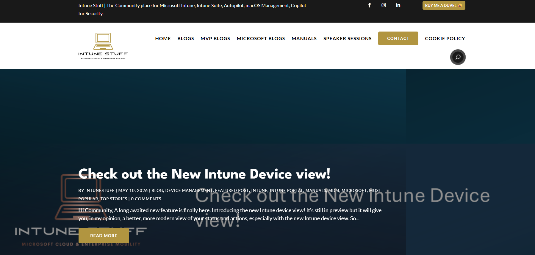 Homepage van de website van IntuneStuff